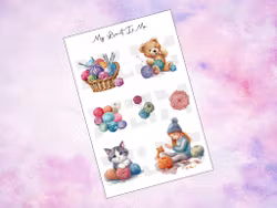 Knitting cat, bear and girl