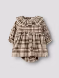 Lil’ Atelier Renrik – Rutig babyklänning med body, beige/brun