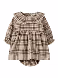 Lil’ Atelier Renrik – Rutig babyklänning med body, beige/brun