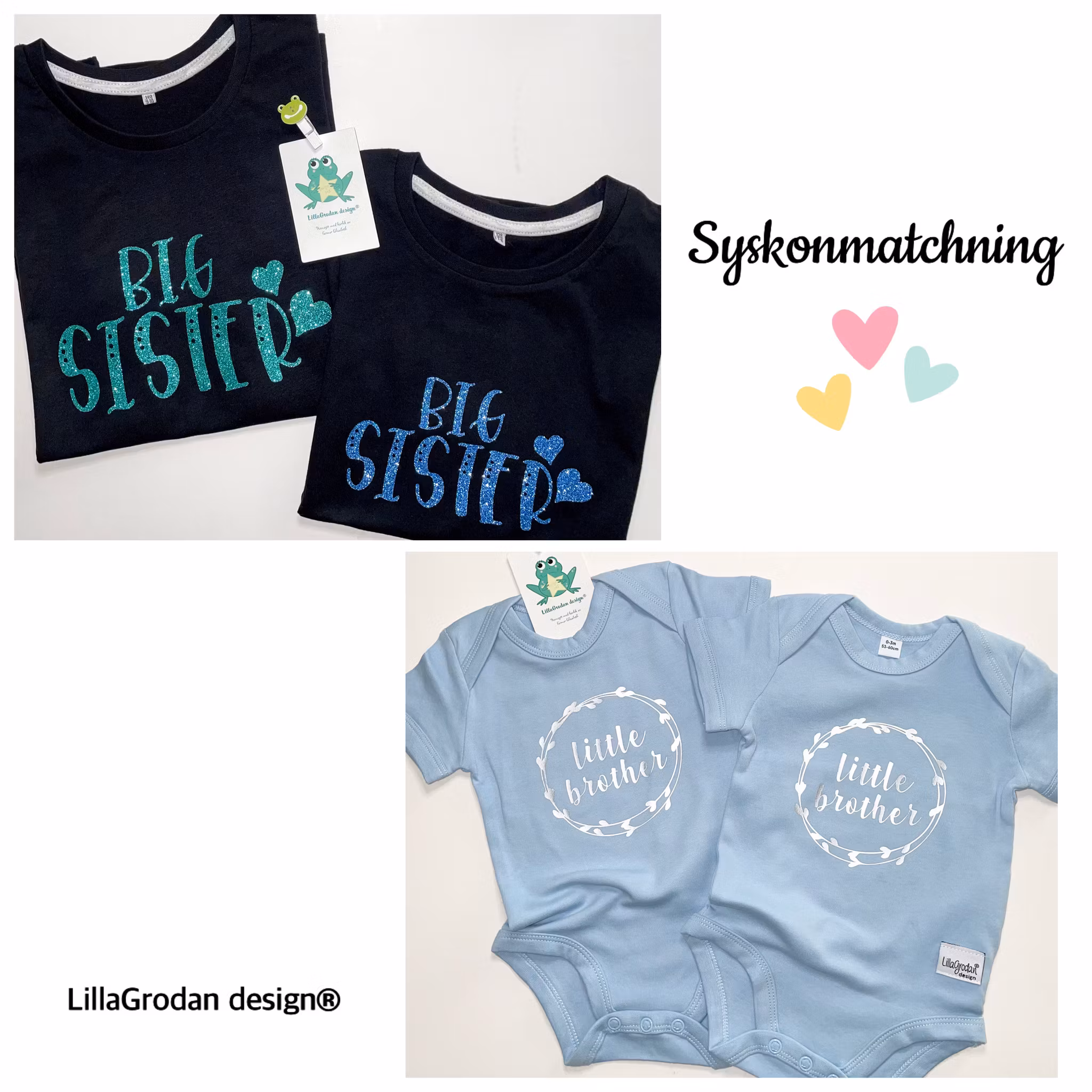 T-shirt Big sister i glitter grönt och blått, body little brother i slät silver