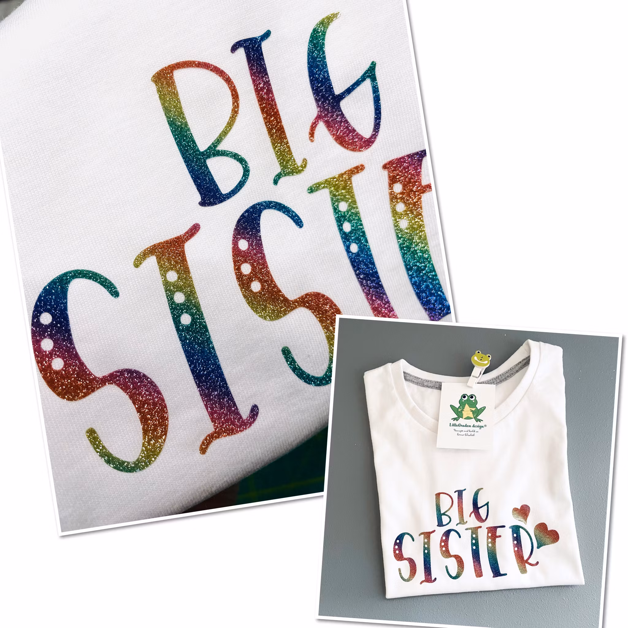 Tshirt Big Sister med glittrig slät vinyl Regnbåge