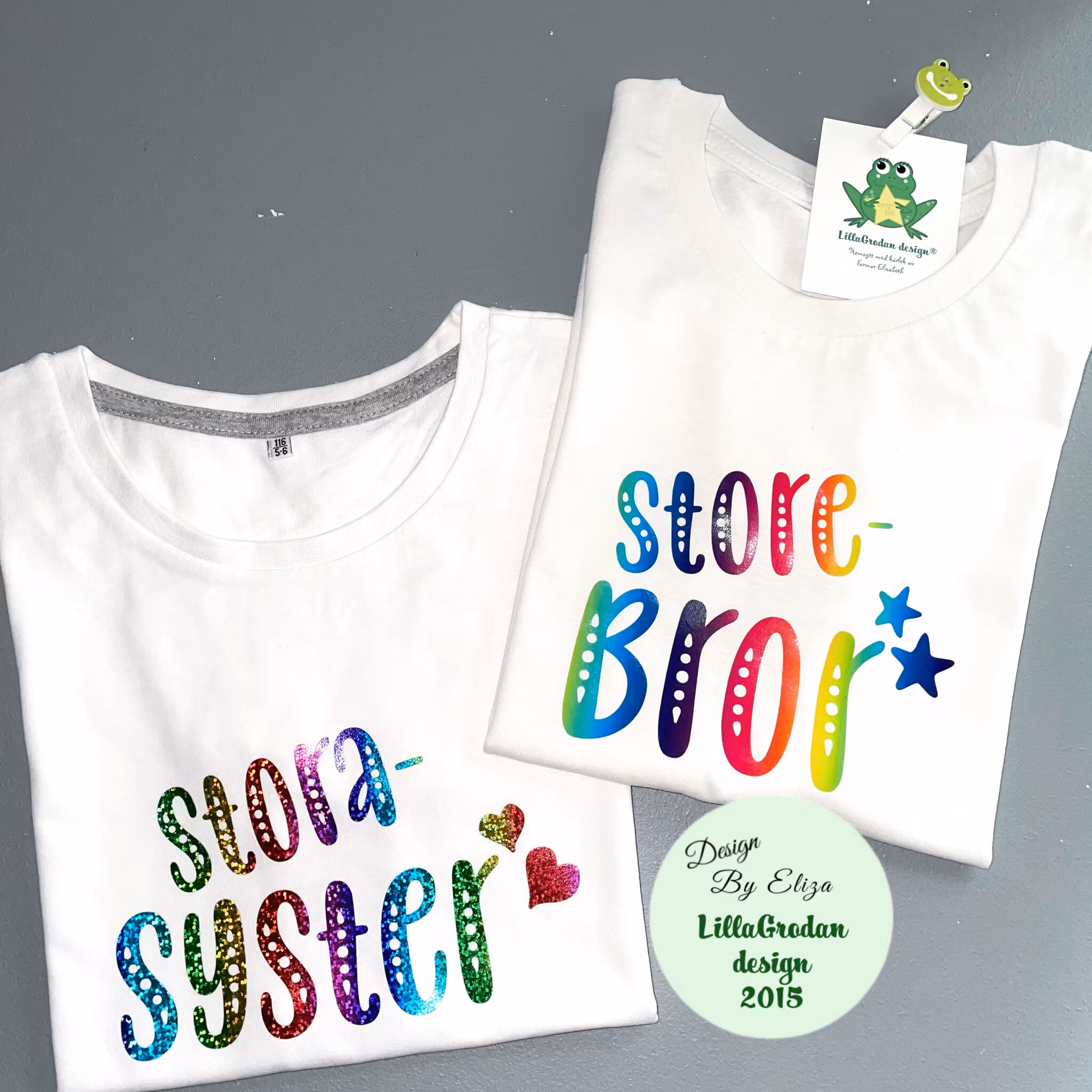 Tshirt Storasyster, vinyl Regnbåge Skimmer och Storebror, vinyl Regnbågsränder