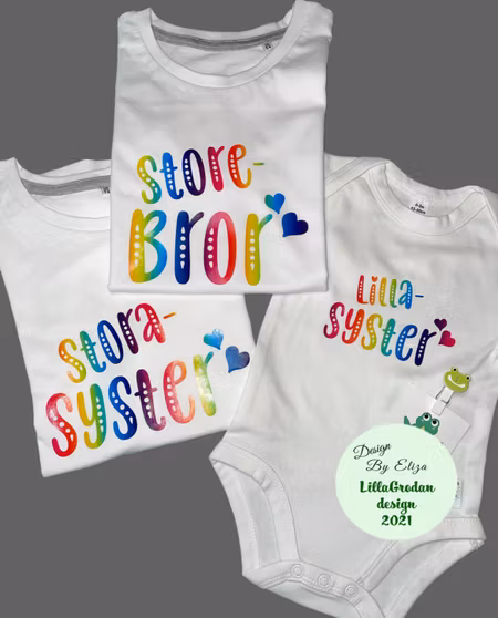 Body lillasyster m hjärtan och T-shirt Storebror/Storasyster, vinyl Regnbågsränder