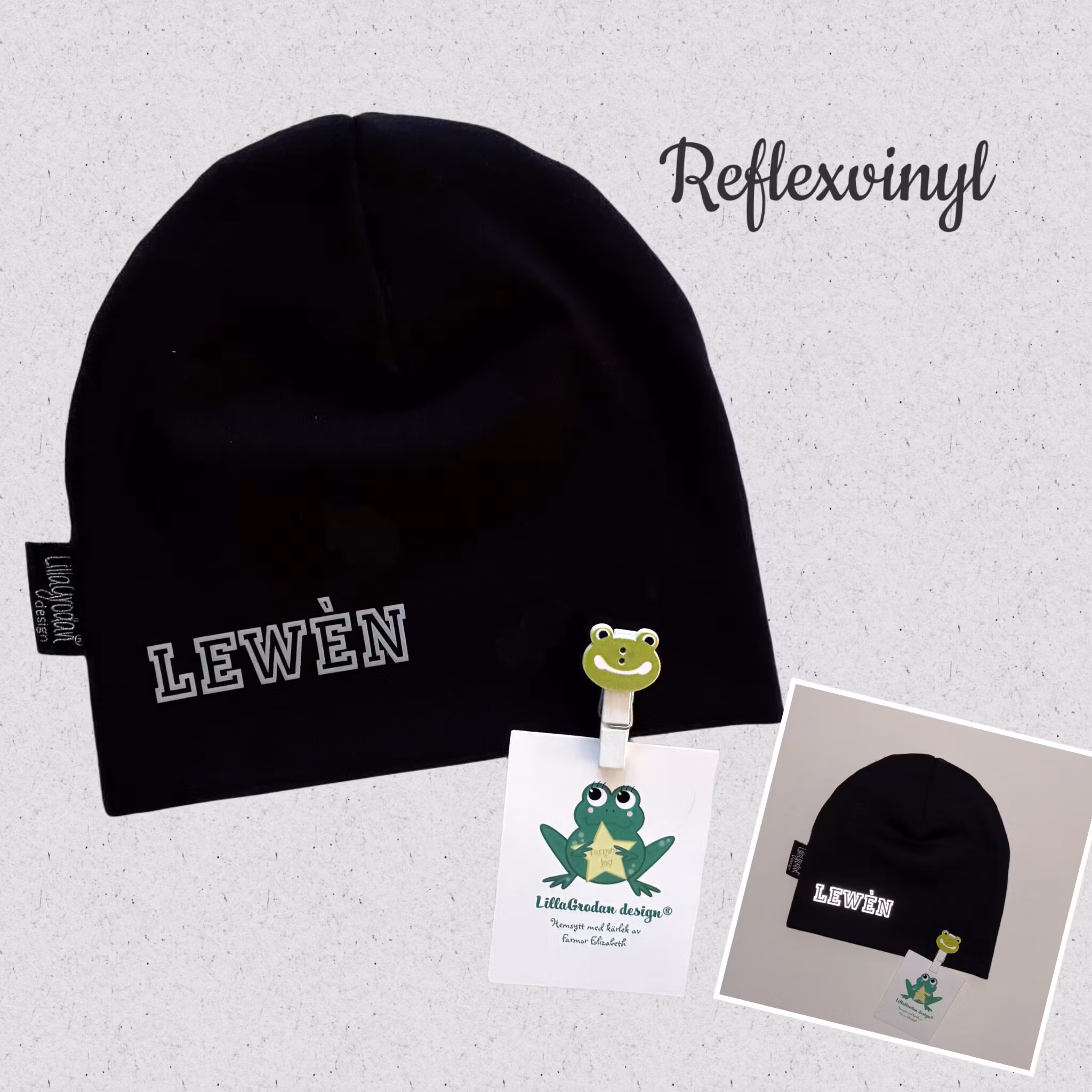 Namnmössa Svart med reflexvinyl - textstil 12, tryck höger sida