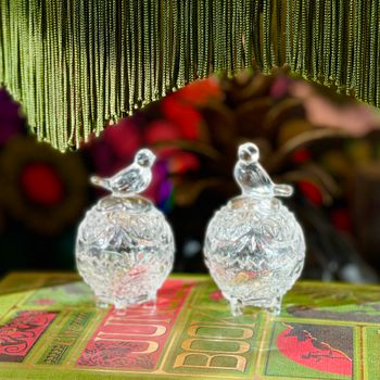 2 prydnadsaskar av kristall med fåglar från Lucyna Crystal