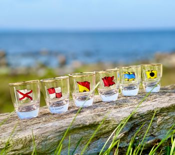 6 snapsglas med signalflaggor och guldkant