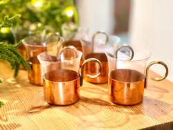 6 glöggmuggar i glas med hållare i koppar