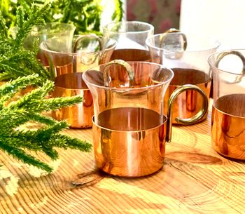 6 glöggmuggar i glas med hållare i koppar