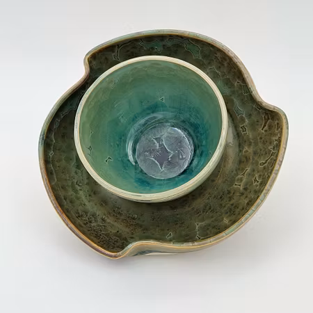 Dubbelskål, 19 cm, Koppar-Järn kristallglasyr