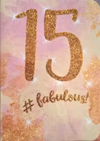 Dubbelt kort med kuvert - 15 år med guldglitter (Fraktfritt)