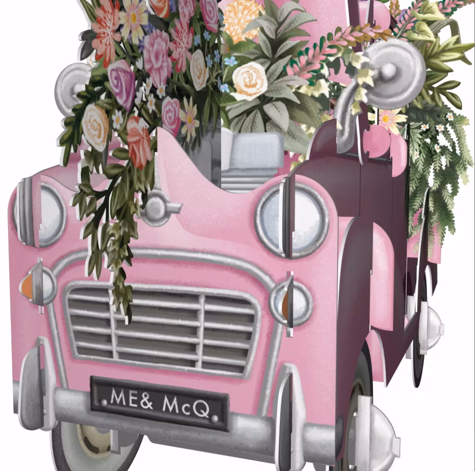 Magiskt bröllopskort - Blomstrande bil (Fraktfritt)