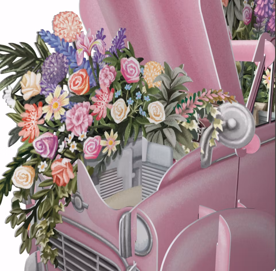 Magiskt bröllopskort - Blomstrande bil (Fraktfritt)