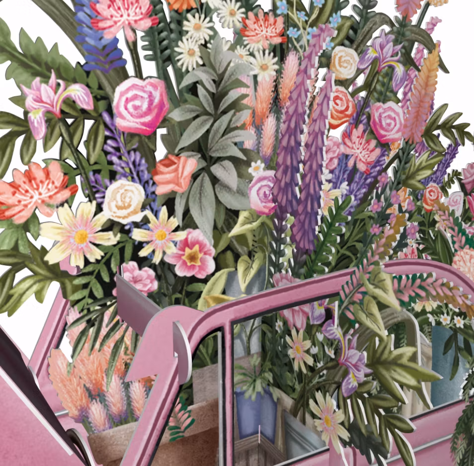 Magiskt bröllopskort - Blomstrande bil (Fraktfritt)