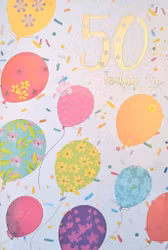 Dubbelt kort med kuvert - 50 år - Färgglada ballonger (Fraktfritt)