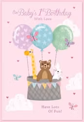 Dubbelt kort med kuvert - 1 år - Djurens luftballongsfärd (Fraktfritt)