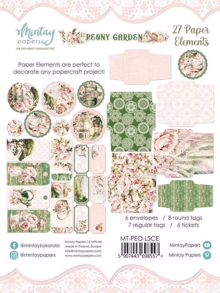 Vackert papperspyssel - Peony garden (27 pappersdekorationer)