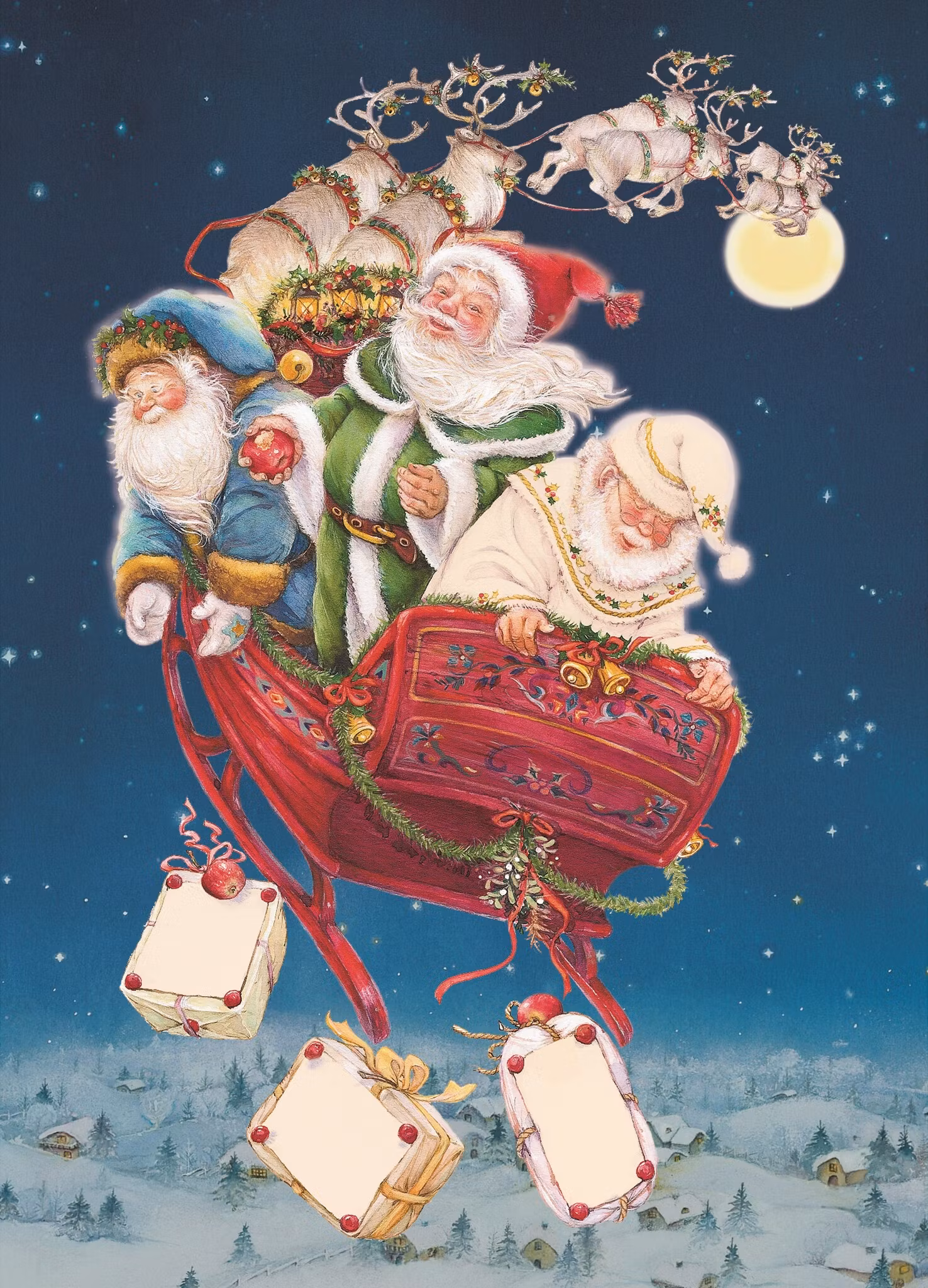 Dubbelt julkort 3D - Tomtar i släden (Fraktfritt)