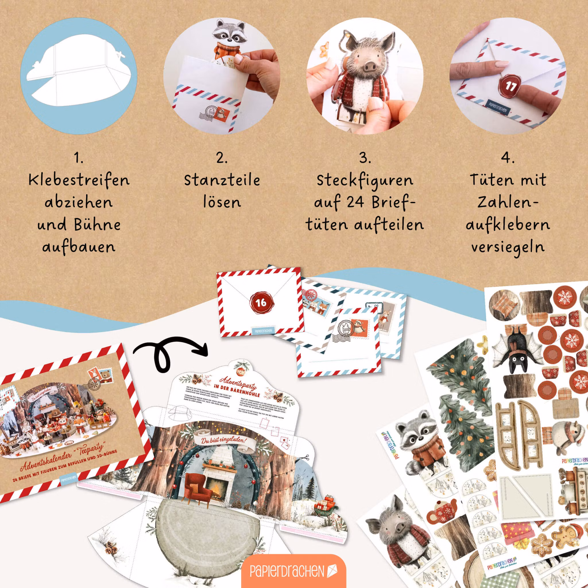 Adventskalender - Tryck ut och bygg ihop - Tebjudning Skogens djur