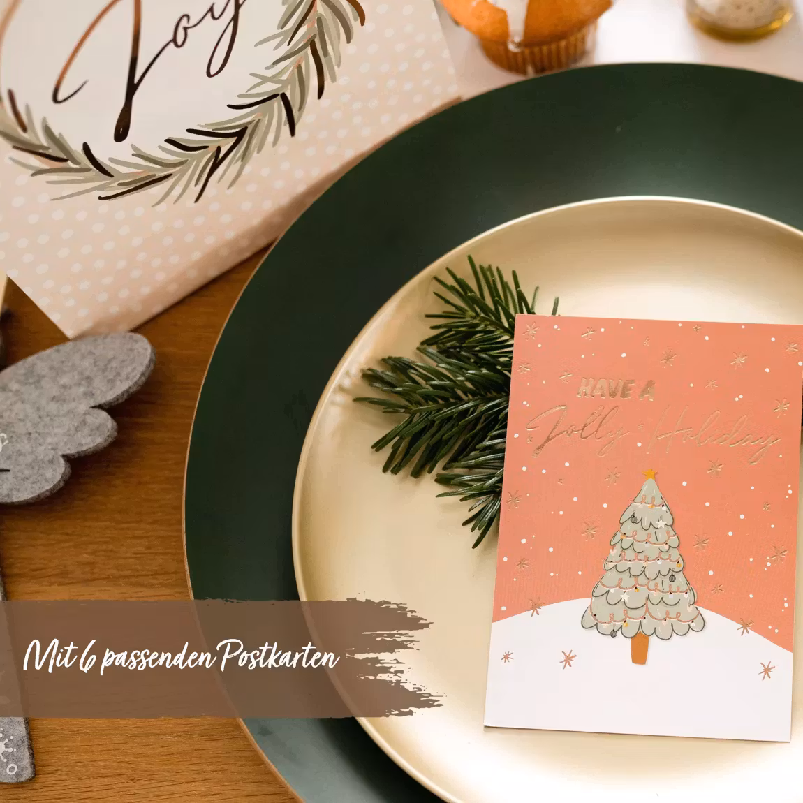 Förpackning med 6 julpåsar med gulddetaljer + 6 matchande vykort