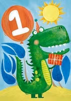 Dubbelt kort med kuvert - 1 år - Dinosauriefesten (Fraktfritt)