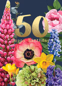 Dubbelt kort med kuvert - 50 år - Färgstarka blommor (Fraktfritt)