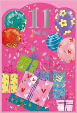 Dubbelt kort med kuvert - 11 år - Paket och ballonger (Fraktfritt)