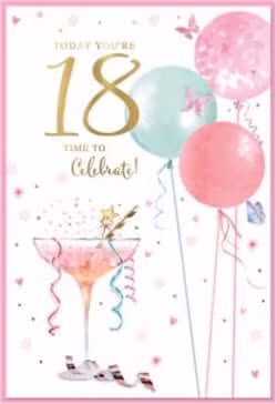 Dubbelt kort med kuvert - 18 år - Champagne och ballonger (Fraktfritt)