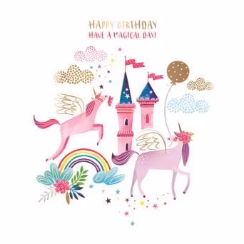 Dubbelt kort (guld) med kuvert - Enhörningsgrattis (Fraktfritt)