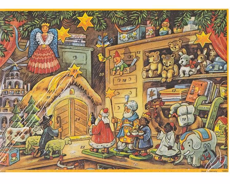 Gammeldags adventskalendrar och julkalendrar med glitter