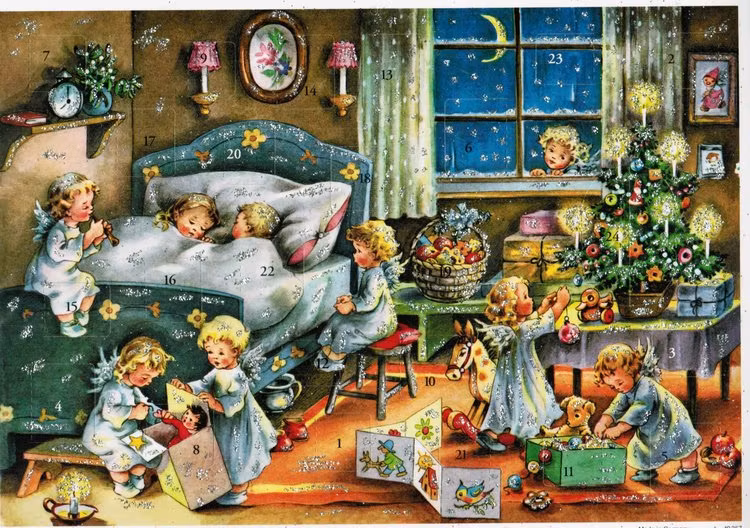 Gammeldags adventskalendrar och julkalendrar med glitter