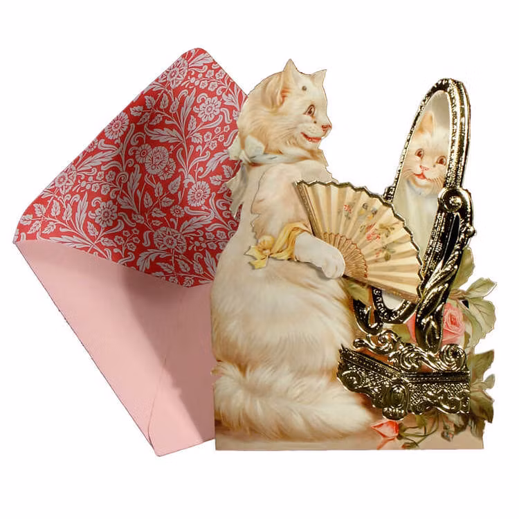 Vackert kort med kuvert - Katt framför spegeln (Fraktfritt)