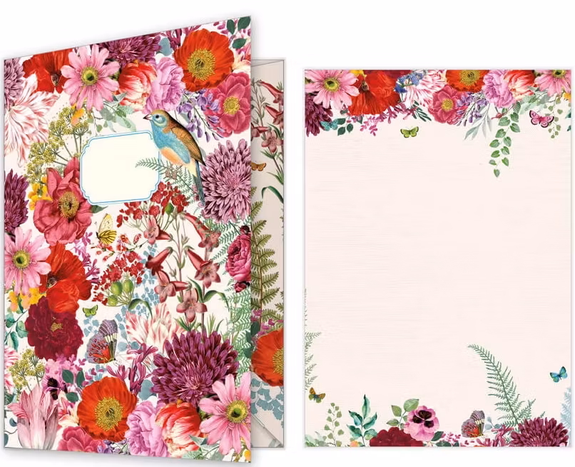 Skrivset med Brevpapper och Kuvert - Rödrosa blomster