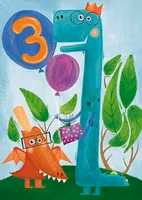 Dubbelt kort med kuvert - 3 år - Dinosauriegrattis (Fraktfritt)