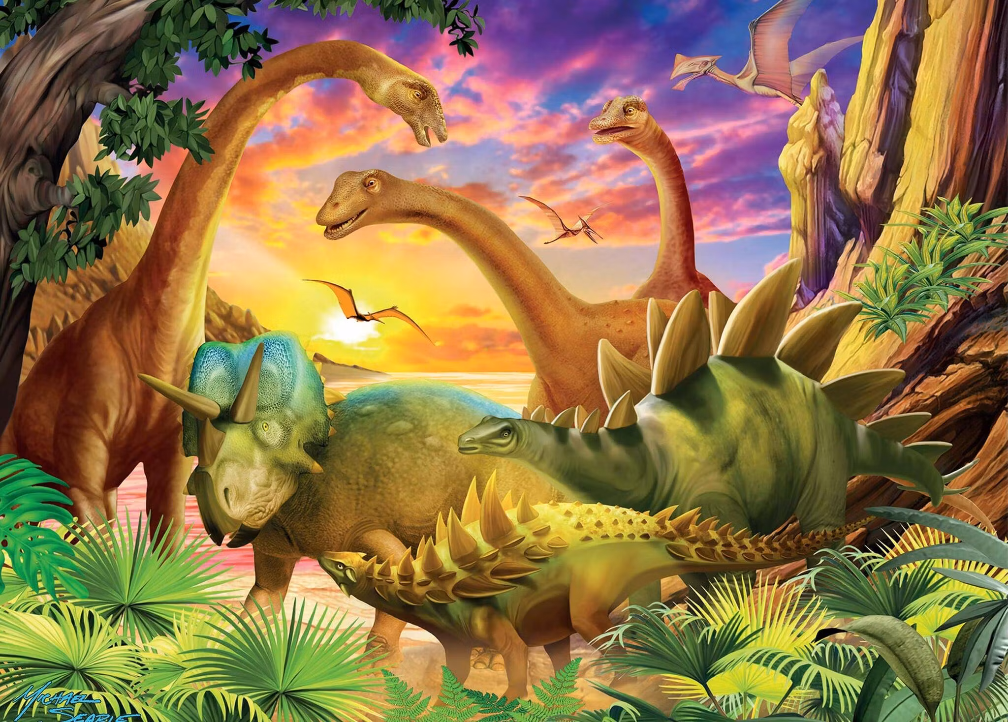 Enkelt kort 3D - Dinosaurier i solnedgången (Fraktfritt)