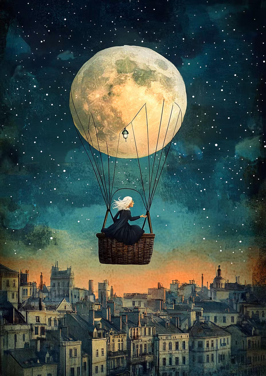 Dubbelt kort med kuvert - Ballongfärd i natten (Fraktfritt)