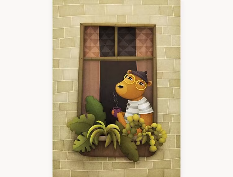 Enkelt konstkort - Björnen i fönstret (Fraktfritt)