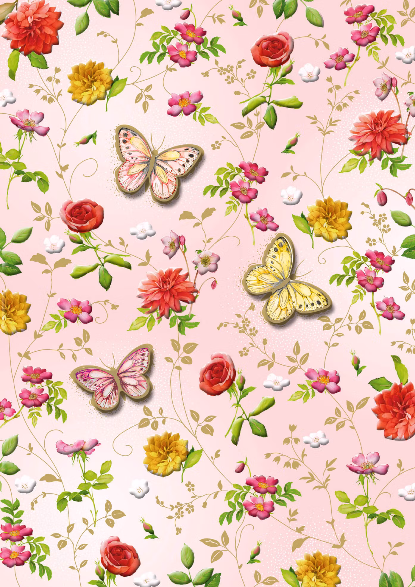 Dubbelt kort med kuvert - Blommor, fjärilar mot rosa (Fraktfritt)