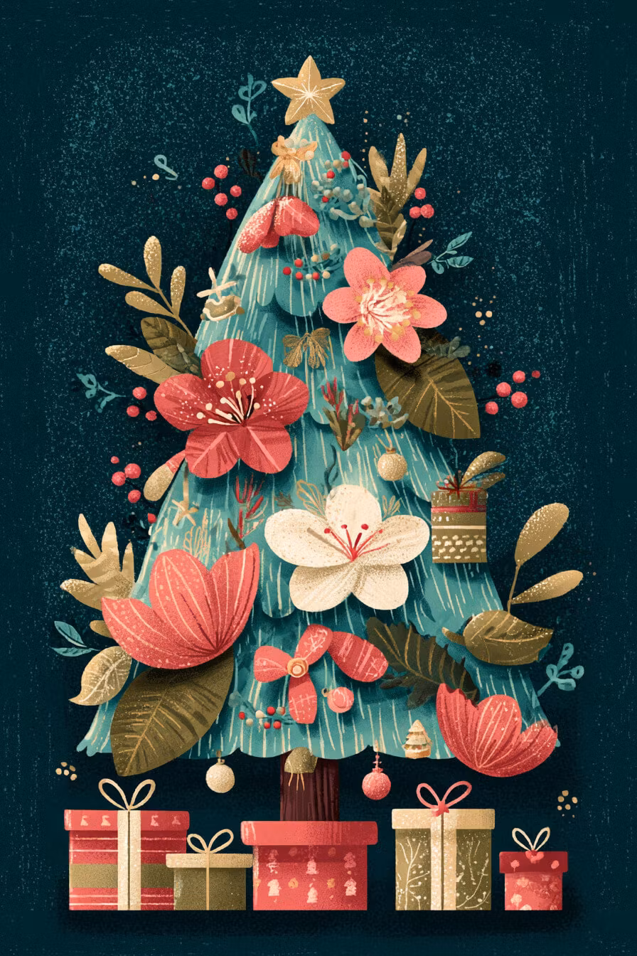 Enkelt julkort utan kuvert - Blomstrande gran (Fraktfritt)