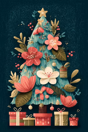 Enkelt julkort utan kuvert - Blomstrande gran (Fraktfritt)