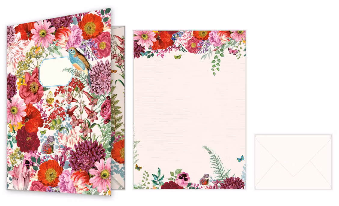 Skrivset med Brevpapper och Kuvert - Rödrosa blomster