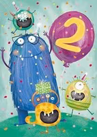 Dubbelt kort med kuvert - 2 år - Monstergrattis (Fraktfritt)