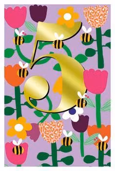 Dubbelt kort med kuvert - 5 år - Gyllene 5 med blommor (Fraktfritt)