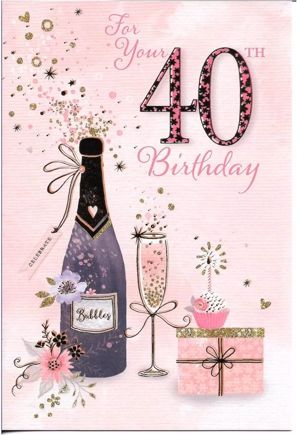 Dubbelt kort med kuvert - 40 år - Rosa bubbel (Fraktfritt)