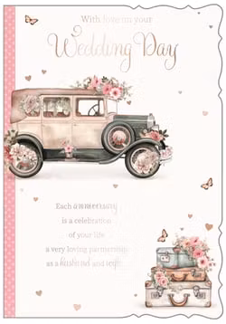 Dubbelt kort med kuvert - Bröllopsbilen med blomster (Fraktfritt)