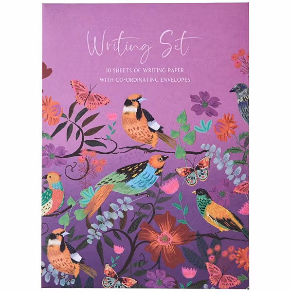 Skrivset med Brevpapper och Kuvert - Fåglar mot det lila
