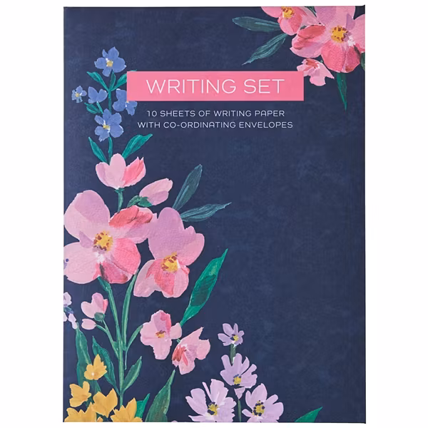 Skrivset med Brevpapper och Kuvert - Mörkblå blommor