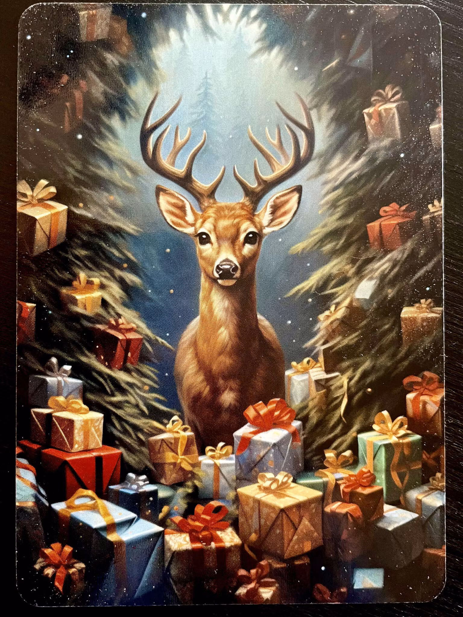 Enkelt julkort - Hjort bland julklappar (Fraktfritt)