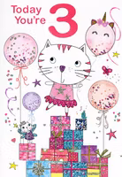 Större, dubbelt kort med kuvert - 3 år - Katten på paket (Fraktfritt)