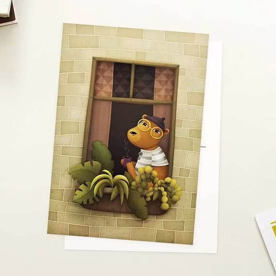 Enkelt konstkort - Björnen i fönstret (Fraktfritt)