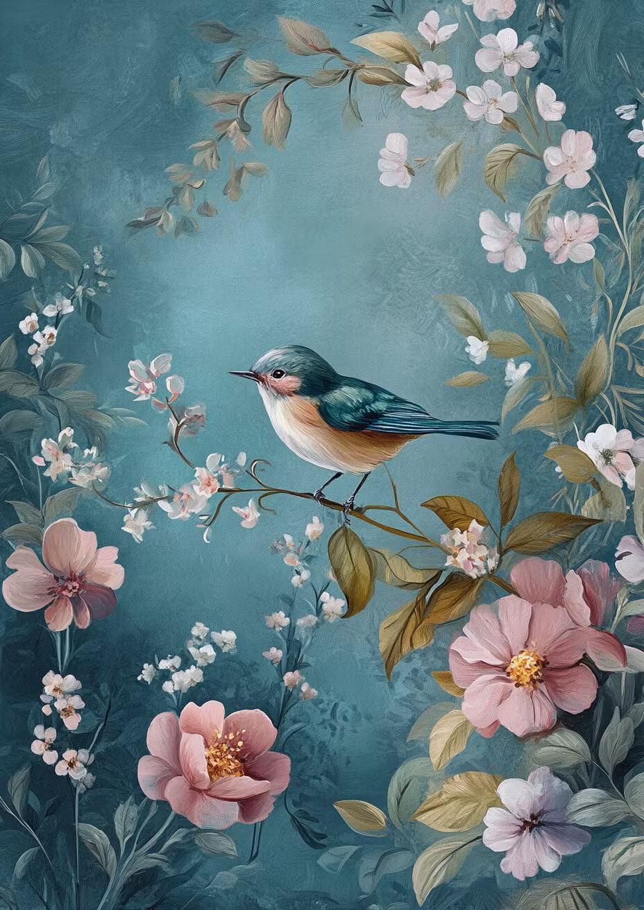 Dubbelt kort med kuvert - Fågeln bland blommor (Fraktfritt)